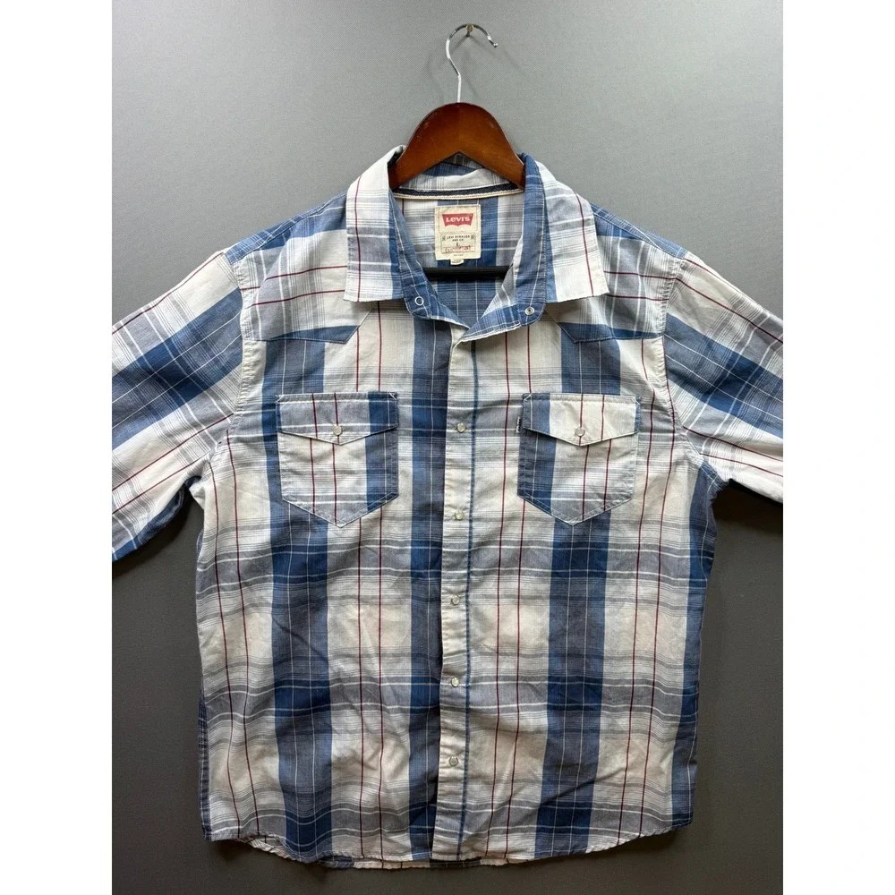 Levi Strauss Western Shirt Mens Blue White Plaid Pearl Snap Modern Large